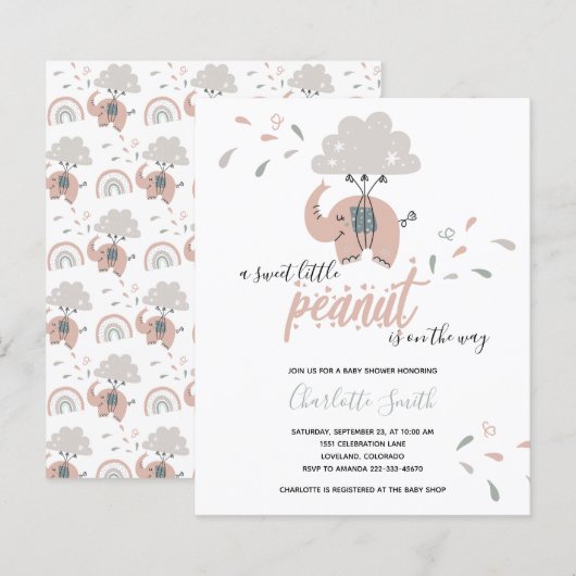 Budget Elephant Pink Girl's Baby Shower Einladung (Vorne/Hinten)