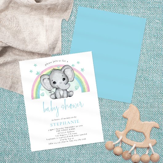 Budget Elephant Rainbow Blue Baby Shower Einladung