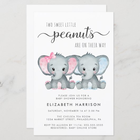 Budget Elephant Twin Boy Girl Baby Shower Einladun (Vorne/Hinten)