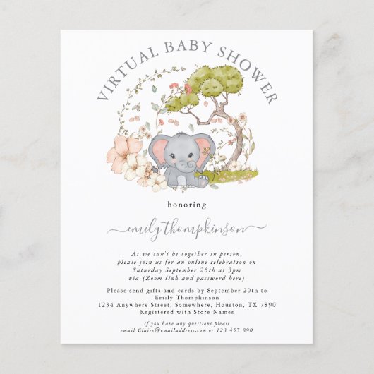Budget Elephant Virtual Baby Dusche Einladung (Vorderseite)