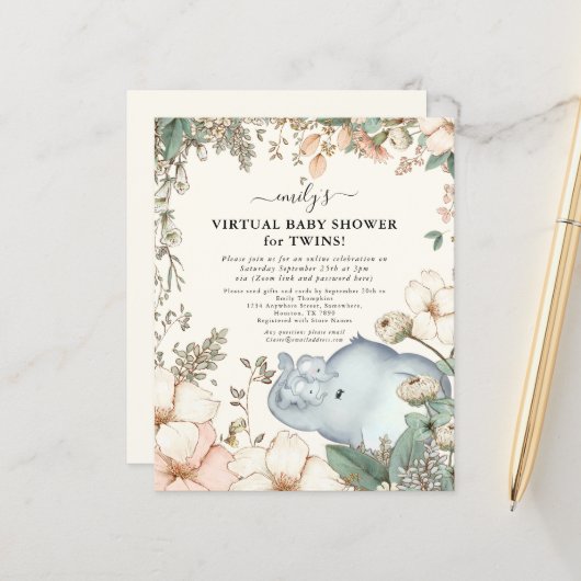 Budget Elephant Virtual Baby Shower Twins laden ei (Vorderseite/Rückseite Beispiel)