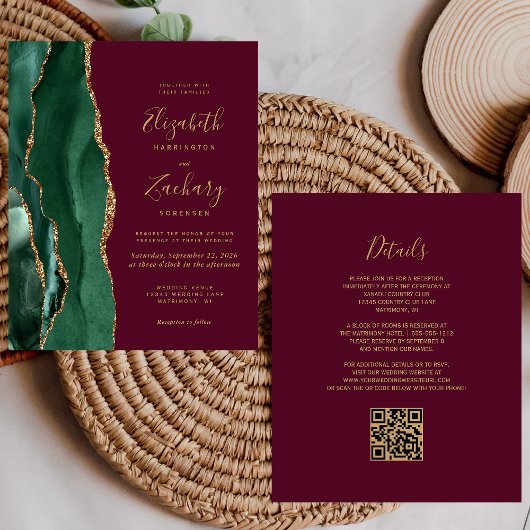 Budget Emerald Agate Burgundy QR Code Wedding