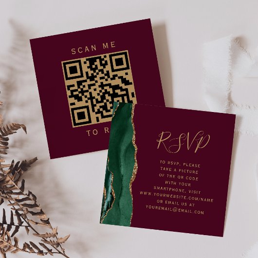 Budget Emerald Agate Burgundy Wedding QR Code UAWG Begleitkarte
