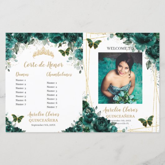 Budget Emerald Floral Quinceanera Foto Programme (Vorderseite)