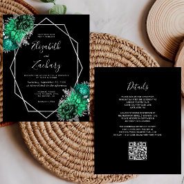 Budget Emerald Floral Silver QR Code Hochzeit