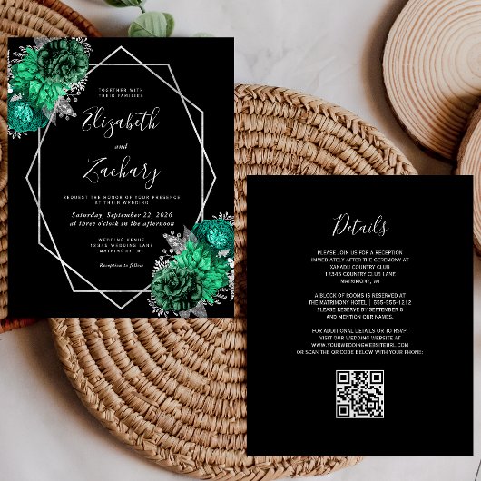 Budget Emerald Floral Silver QR Code Hochzeit