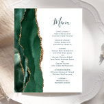 Budget Emerald Gold Agate Green Script Wedding<br><div class="desc">Die links Kulisse dieses eleganten,  modernen Hochzeitsmenüs besticht durch einen smaragdgrünen Aquarellstreifen,  der mit vergoldetem Imitat-Glitzer bestickt ist. Der benutzerdefinierbare Text vereint kokal-graue Handschriftenschrift und Copperplate-Schriftart auf weißem Hintergrund. Die Rückseite ist mit einem smaragdgrünen und goldgelben Dekor ausgestattet.</div>