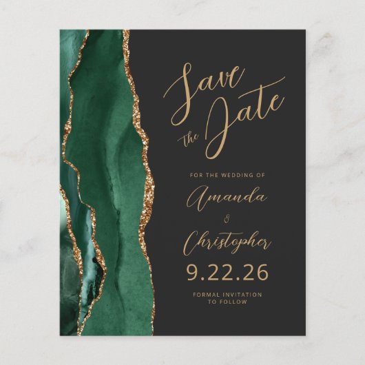 Budget Emerald Gold Agate Script Save the Date (Vorderseite)