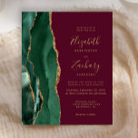 Budget Emerald Green Agate Burgundy Wedding Einlad<br><div class="desc">Der links Rand dieser eleganten,  modernen Hochzeitseinladung zeichnet sich durch einen smaragdgrünen Aquarellstreifen aus,  der mit vergoldetem Imitat-Glitzer bestickt ist. Der anpassbare Text kombiniert goldfarbene Handschrift,  Copperplate und kursiv Schriftart auf bordeauxrotem Hintergrund. Die Rückseite ist mit einem smaragdgrünen und goldgelben Dekor ausgestattet.</div>