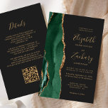 Budget Emerald Green Agate Dark QR Code Hochzeit<br><div class="desc">Der links Rand dieser eleganten, modernen Hochzeitseinladung zeichnet sich durch einen smaragdgrünen Aquarellstreifen aus, der mit vergoldetem Imitat-Glitzer bestickt ist. Der anpassbare Text kombiniert goldfarbene Handschrift, Copperplate und kursiv Schriftart auf einem schwarzen Hintergrund. Fügen Sie zusätzliche Details auf der Rückseite, zusammen mit einem QR-Code, um Ihren Gästen zu helfen, besuchen...</div>