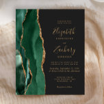 Budget Emerald Green Agate Dark Wedding Einladung<br><div class="desc">Der links Rand dieser eleganten,  modernen Hochzeitseinladung zeichnet sich durch einen smaragdgrünen Aquarellstreifen aus,  der mit vergoldetem Imitat-Glitzer bestickt ist. Der anpassbare Text kombiniert goldfarbene Handschrift,  Copperplate und kursiv Schriftart auf dunkelkohlegrauem Hintergrund. Die Rückseite ist mit einem smaragdgrünen und goldgelben Dekor ausgestattet.</div>