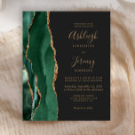 Budget Emerald Green Agate Dark Wedding Einladung<br><div class="desc">Der links Rand dieser eleganten,  modernen Hochzeitseinladung zeichnet sich durch einen smaragdgrünen Aquarellstreifen aus,  der mit vergoldetem Imitat-Glitzer bestickt ist. Der anpassbare Text kombiniert goldfarbene Handschrift,  Copperplate und kursiv Schriftart auf dunkelkohlegrauem Hintergrund. Die Rückseite ist mit einem smaragdgrünen und goldgelben Dekor ausgestattet.</div>