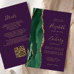 Budget Emerald Green Agate Lila QR Code Wedding<br><div class="desc">Der links Rand dieser eleganten, modernen Hochzeitseinladung zeichnet sich durch einen smaragdgrünen Aquarellstreifen aus, der mit vergoldetem Imitat-Glitzer bestickt ist. Der anpassbare Text kombiniert goldfarbene Handschrift, Copperplate und kursiv Schriftart auf einem lila Hintergrund. Fügen Sie zusätzliche Details auf der Rückseite, zusammen mit einem QR-Code, um Ihren Gästen zu helfen, besuchen...</div>