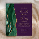 Budget Emerald Green Agate Lila Wedding Einladung<br><div class="desc">Der links Rand dieser eleganten,  modernen Hochzeitseinladung zeichnet sich durch einen smaragdgrünen Aquarellstreifen aus,  der mit vergoldetem Imitat-Glitzer bestickt ist. Der anpassbare Text kombiniert goldfarbene Handschrift,  Copperplate und kursiv Schriftart auf einem lila Hintergrund. Die Rückseite ist mit einem smaragdgrünen und goldgelben Dekor ausgestattet.</div>