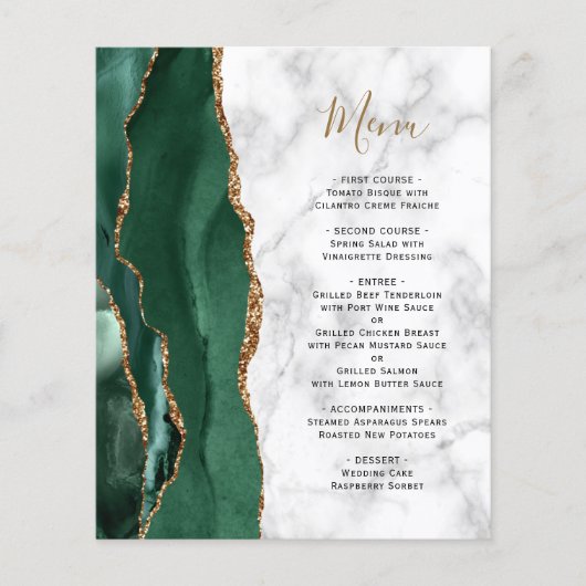 Budget Emerald Green Agate Marble Wedding Menu (Vorderseite)