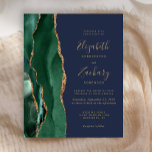 Budget Emerald Green Agate Navy Einladung zur Hoch<br><div class="desc">Der links Rand dieser eleganten,  modernen Hochzeitseinladung zeichnet sich durch einen smaragdgrünen Aquarellstreifen aus,  der mit vergoldetem Imitat-Glitzer bestickt ist. Der anpassbare Text kombiniert goldfarbene Handschrift,  Copperplate und kursiv Schriftart auf marinebasischem Hintergrund. Die Rückseite ist mit einem smaragdgrünen und goldgelben Dekor ausgestattet.</div>