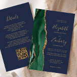 Budget Emerald Green Agate Navy QR Code Hochzeit<br><div class="desc">Der links Rand dieser eleganten, modernen Hochzeitseinladung zeichnet sich durch einen smaragdgrünen Aquarellstreifen aus, der mit vergoldetem Imitat-Glitzer bestickt ist. Der anpassbare Text kombiniert goldfarbene Handschrift, Copperplate und kursiv Schriftart auf marinebasischem Hintergrund. Fügen Sie zusätzliche Details auf der Rückseite, zusammen mit einem QR-Code, um Ihren Gästen zu helfen, besuchen Sie...</div>