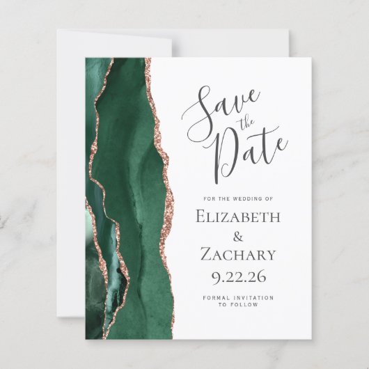 Budget Emerald Green Agate Rose Gold Save the Date (Vorderseite)