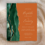 Budget Emerald Green Agate Rust Einladung zur Hoch<br><div class="desc">Der links Rand dieser eleganten,  modernen Hochzeitseinladung zeichnet sich durch einen smaragdgrünen Aquarellstreifen aus,  der mit vergoldetem Imitat-Glitzer bestickt ist. Der anpassbare Text kombiniert goldfarbene Handschrift,  Copperplate und kursiv Schriftart auf einem verbrannten orangen oder rostfreien Hintergrund. Die Rückseite ist mit einem smaragdgrünen und goldgelben Dekor ausgestattet.</div>
