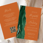 Budget Emerald Green Agate Rust QR Code Hochzeit<br><div class="desc">Der links Rand dieser eleganten, modernen Hochzeitseinladung zeichnet sich durch einen smaragdgrünen Aquarellstreifen aus, der mit vergoldetem Imitat-Glitzer bestickt ist. Der anpassbare Text kombiniert goldfarbene Handschrift, Copperplate und kursiv Schriftart auf einem verbrannten orangen oder rostfreien Hintergrund. Fügen Sie zusätzliche Details auf der Rückseite, zusammen mit einem QR-Code, um Ihren Gästen...</div>