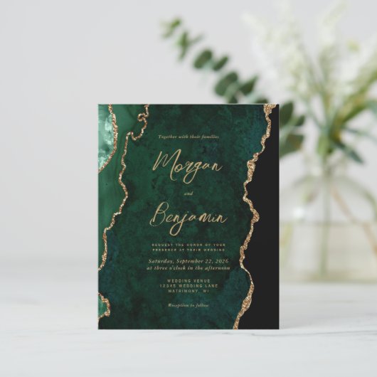 Budget Emerald Green Agate Script QR Code Hochzeit (Stehend Vorderseite)