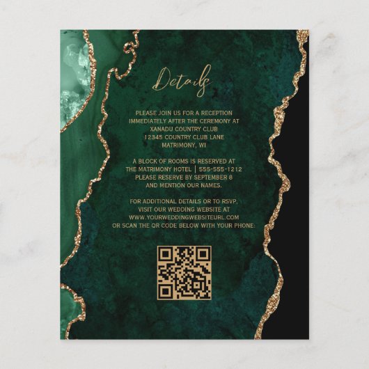 Budget Emerald Green Agate Script QR Code Hochzeit (Rückseite)