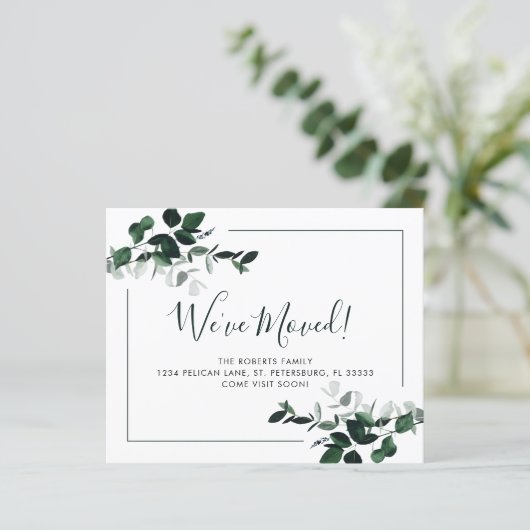 Budget Emerald Green Eucalyptus New Address Card (Stehend Vorderseite)