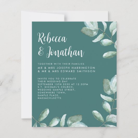Budget Emerald Green Eucalyptus Wedding Einladung (Vorderseite)