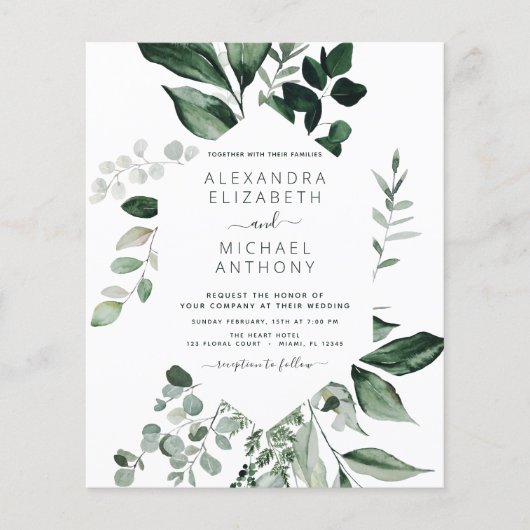 Budget Emerald Green Eucalyptus Wedding Einladung (Vorderseite)