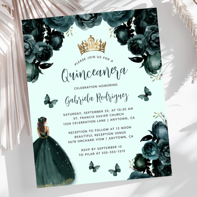 Budget Emerald Green Floral Quinceañera Einladung (Von Creator hochgeladen)