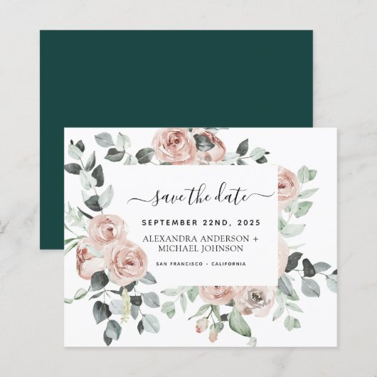 Budget Emerald Green Floral Save the Date (Vorne/Hinten)