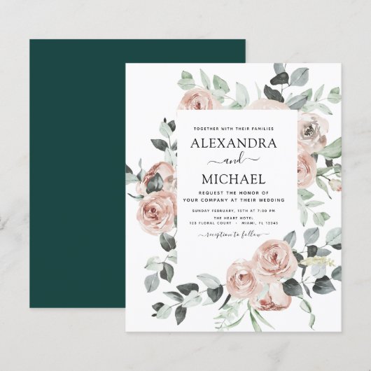 Budget Emerald Green Floral Wedding Einladung (Vorne/Hinten)