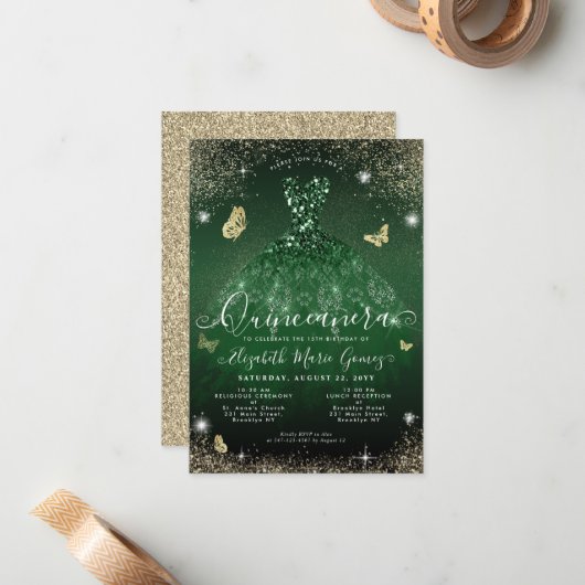 Budget Emerald Green Glitzer Gown Quinceanera Mitteilungskarte (Vorderseite/Rückseite Beispiel)