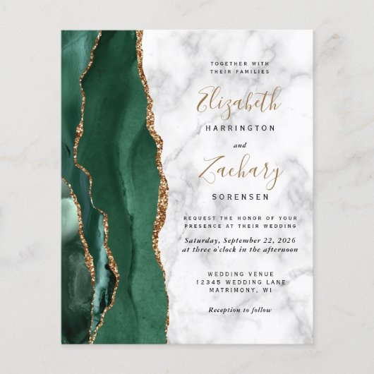 Budget Emerald Green Gold Agate Marble Wedding (Vorderseite)