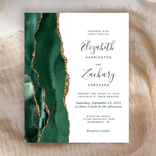 Budget Emerald Green Gold Agate Script Wedding