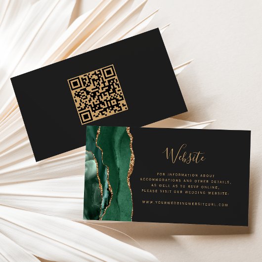 Budget Emerald Green Gold Agate Wedding QR Code Begleitkarte