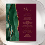 Budget Emerald Green Gold Burgundy Wedding Menü<br><div class="desc">Die links Kulisse dieses eleganten,  modernen Hochzeitsmenüs besticht durch einen smaragdgrünen Aquarellstreifen mit vergoldetem Imitat-Glitzer. Der anpassbare Text kombiniert goldfarbenes whimsical Handschriftzeichen mit Copperplate-Schriftart auf bordeauxrotem Hintergrund. Die Rückseite ist mit einem smaragdgrünen und goldgelben Dekor ausgestattet.</div>