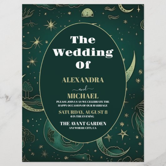Budget Emerald Green Gold Celestial Wedding Flyer (Vorne)