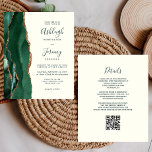 Budget Emerald Green Gold Elfenbeinküche QR Code H<br><div class="desc">Rett die Kosten für das Drucken und Verschicken separater RSVP-Karten mit dieser eleganten, modernen All-in-One-Hochzeitseinladung. Der links Rand verfügt über einen smaragdgrünen Aquarellstreifen mit goldenen Imitaten Glitzer. Der anpassbare Text kombiniert grüne Handschrift, Copperplate und kursiv Schriftart auf Elfenbeinhintergrund. Die Rückseite bietet Platz für Hochzeitsdetails auf einem soliden Elfenbeinhintergrund, zusammen mit...</div>