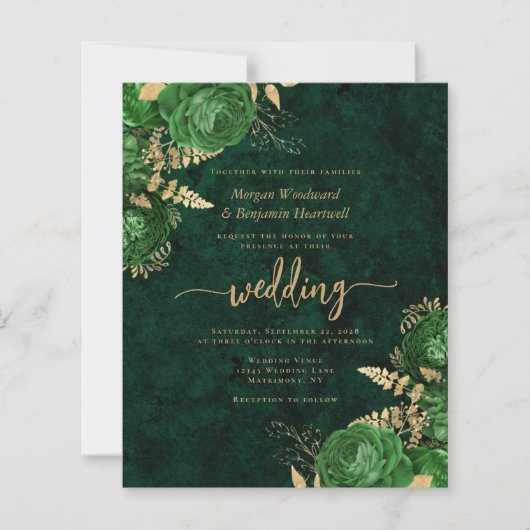 Budget Emerald Green Gold Floral QR Code Hochzeit (Vorderseite)