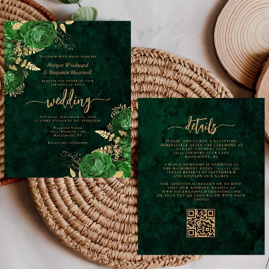 Budget Emerald Green Gold Floral QR Code Hochzeit