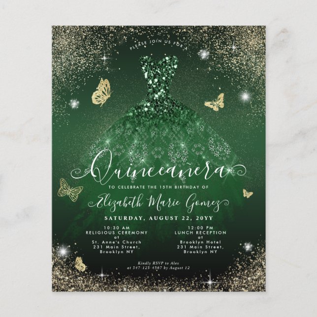 Budget Emerald Green Gold Gown Quinceanera Card (Vorderseite)
