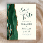 Budget Emerald Green Gold Ivory Save the Date<br><div class="desc">Die links Seite dieses eleganten,  modernen Hochzeitsgeschehens bewahrt die Dattelkarte mit einem smaragdgrünen Aquarellstreifen in Aquarellfarbe,  der mit Imitaten vergoldetem Glitzer bestickt ist. Der anpassbare Text kombiniert grüne Handschrift,  Copperplate und kursiv Schriftart auf Elfenbeinhintergrund. Die Rückseite ist mit einem smaragdgrünen und goldgelben Dekor ausgestattet.</div>