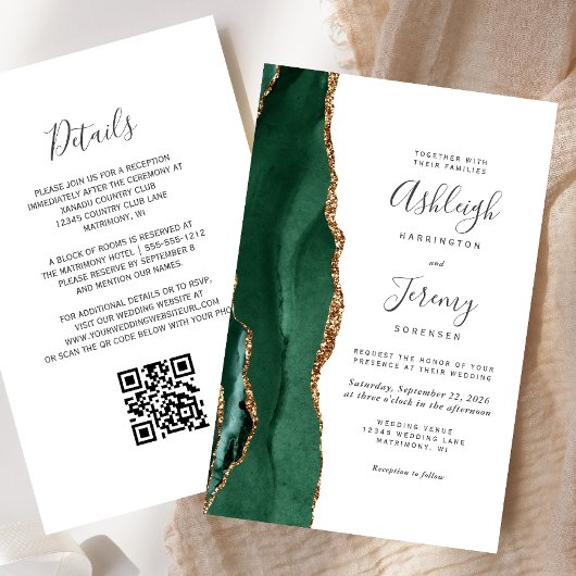 Budget Emerald Green Gold QR Code Wedding Einladun
