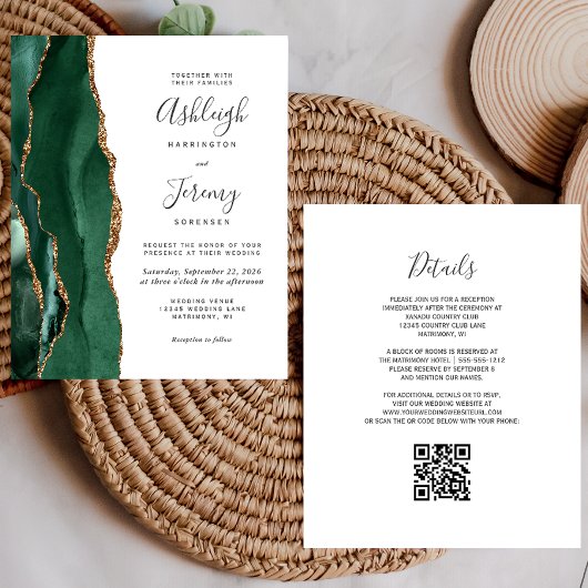 Budget Emerald Green Gold QR Code Wedding Einladun