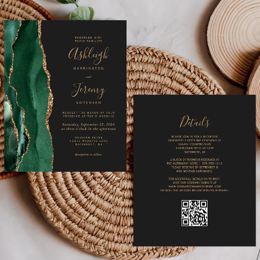 Budget Emerald Green Gold QR Code Wedding Einladun