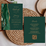 Budget Emerald Green Gold QR Code Wedding Einladun<br><div class="desc">Rett die Kosten für das Drucken und Verschicken separater RSVP-Karten mit dieser eleganten, modernen All-in-One-Hochzeitseinladung. Der links Rand verfügt über einen smaragdgrünen Aquarellstreifen mit goldenen Imitaten Glitzer. Der anpassbare Text kombiniert goldfarbene Handschrift, Copperplate und kursiv Schriftart auf grünem Hintergrund. Die Rückseite bietet Platz für Hochzeitsdetails auf einem soliden grünen Hintergrund,...</div>