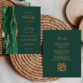 Budget Emerald Green Gold QR Code Wedding Einladun