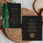 Budget Emerald Green Gold QR Code Wedding Einladun<br><div class="desc">Rett die Kosten für das Drucken und Verschicken separater RSVP-Karten mit dieser eleganten, modernen All-in-One-Hochzeitseinladung. Der links Rand verfügt über einen smaragdgrünen Aquarellstreifen mit goldenen Imitaten Glitzer. Der anpassbare Text kombiniert goldfarbene Handschrift, Copperplate und kursiv Schriftart auf schwarzem Schieferboden. Die Rückseite bietet Platz für Hochzeitsdetails auf einem schwarzen Hintergrund aus...</div>