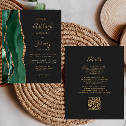 Budget Emerald Green Gold QR Code Wedding Einladun